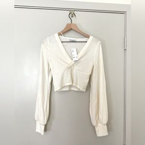 Urban Outfitters Cream Ribbed Wrap V-neck Long Sleeve Cropped Sweater Size M